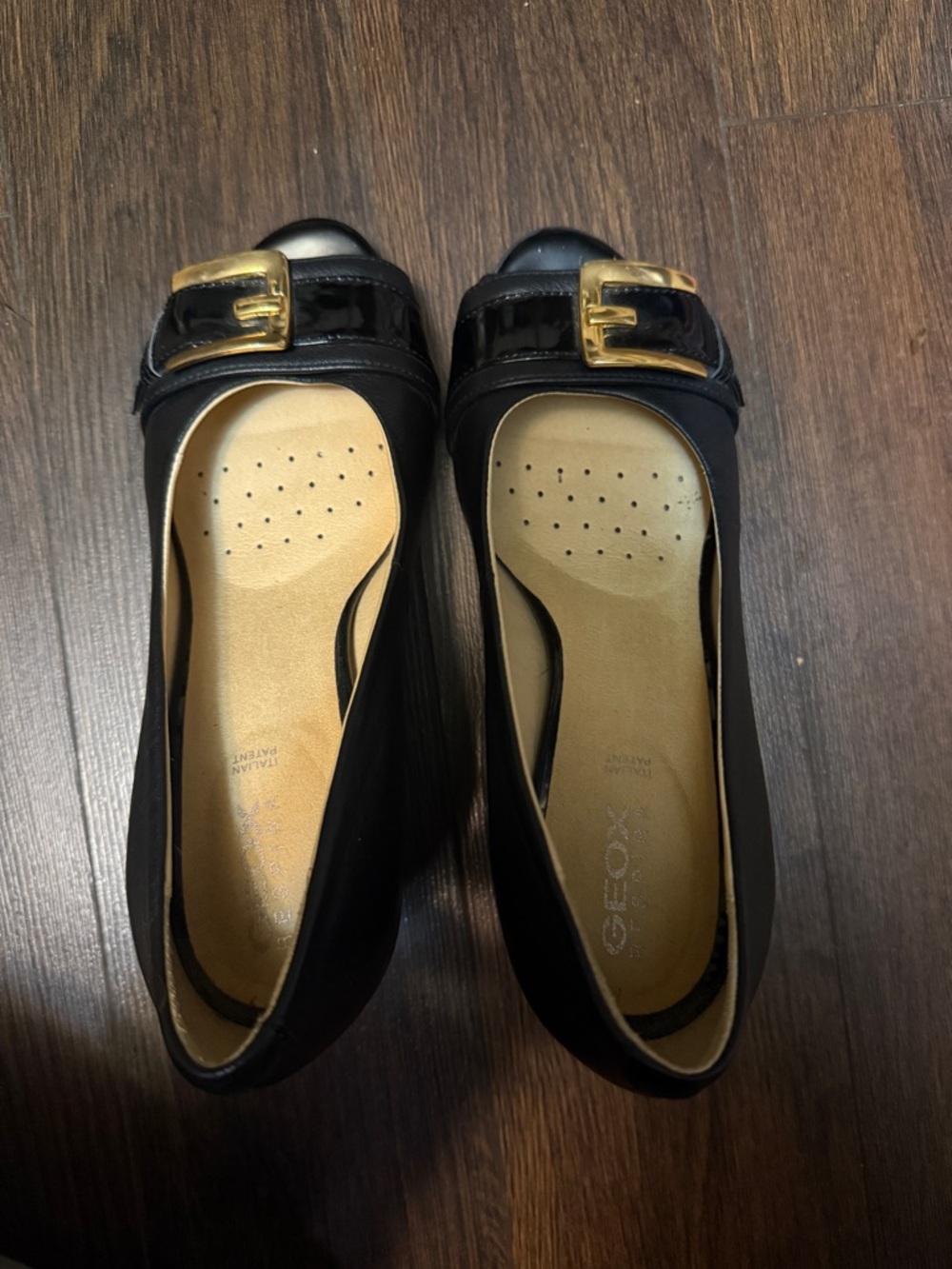 Geox Black Flats with Gold Buckle Accent